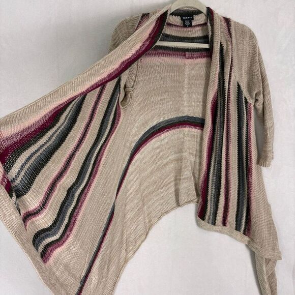 Torrid Tan with Grey & Maroon Striped Drape Cardigan Sweater Size Large - Picture 6 of 10